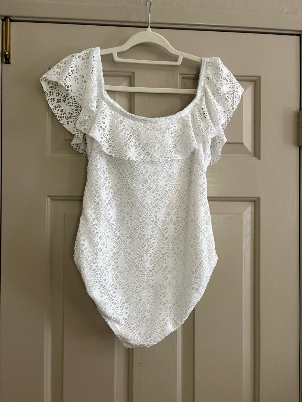 Lauren Ralph Lauren White Lace One-Piece Swimsuit with Ruffle Neckline